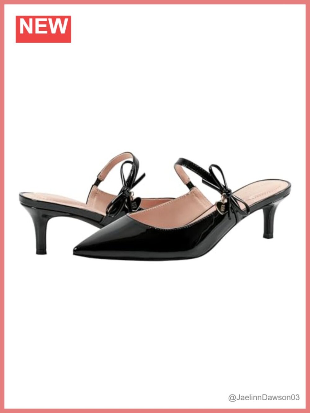 Pointed Toe Mule Heels Faux Patent Leather Bow Kitten Heel Slip-On